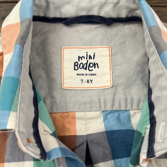 Mini Boden Boys Blue green orange Plaid Check Button Up Size 7-8y - Picture 2 of 6